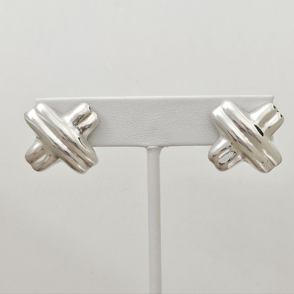 Artisan Solid Sterling Silver Mexico Double Criss Cross Earrings on Posts